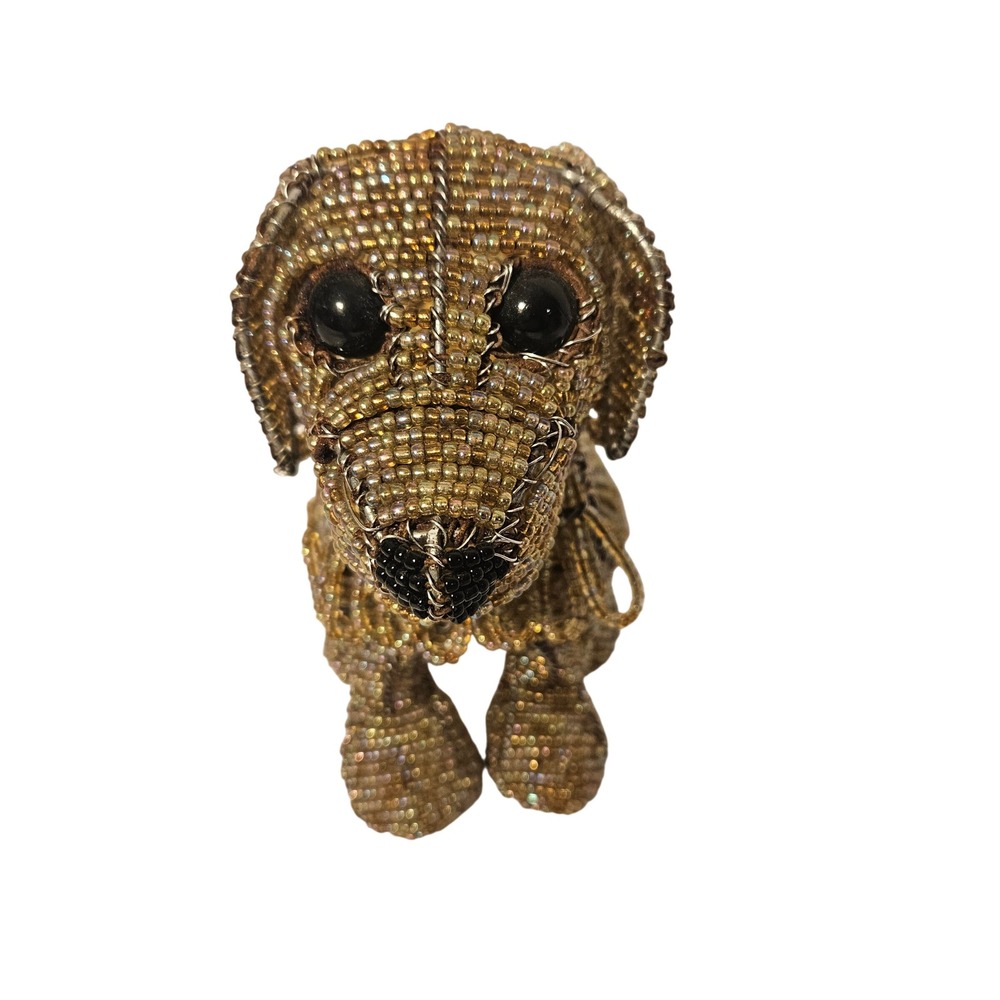 Beadworx Hand-Beaded Wire Wrap Dog Figurine Gold Iridescent Seed Bead Sculpture